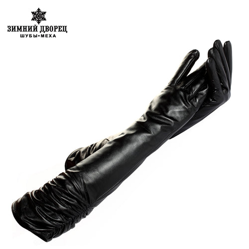 women leather glove long,Length 45-48CM,Genuine Leather,Cotton,Adult,Black, leather gloves,Free shipping