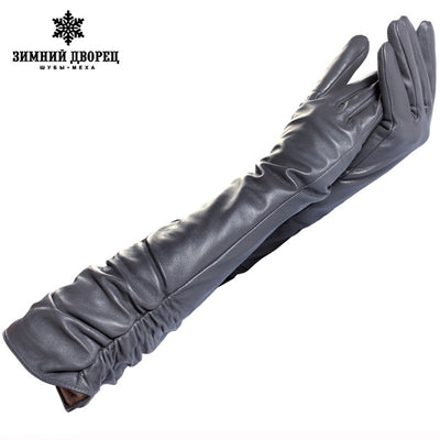women leather glove long,Length 45-48CM,Genuine Leather,Cotton,Adult,Black, leather gloves,Free shipping