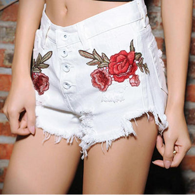 Floral short jeans With 3D Embroidery Buttons