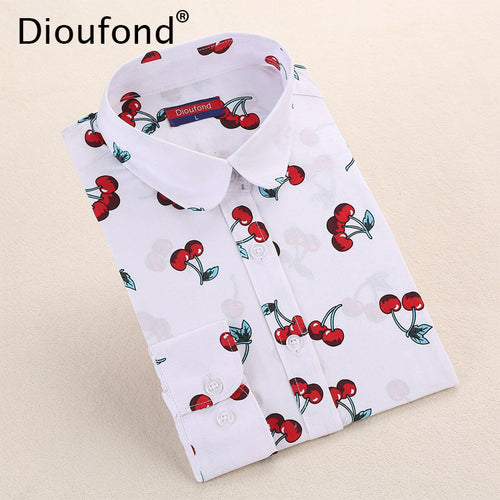 Dioufond New Floral Long Sleeve Vintage Blouse Cherry Turn Down Collar Shirt Tops Fashion