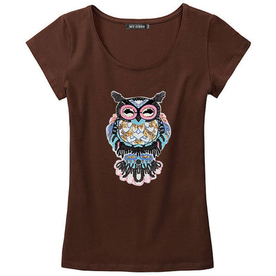 Women's T Shirt Owl Hand-Beaded Sequins Dimensional Pattern Cotton Tees