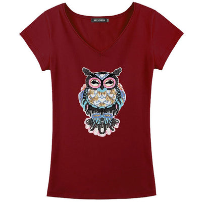 Women's T Shirt Owl Hand-Beaded Sequins Dimensional Pattern Cotton Tees